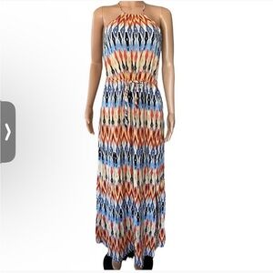 Athleta Sunset Maxi Ikat Halter Dress Multicolor Boho Small Side Slit Sleeveless